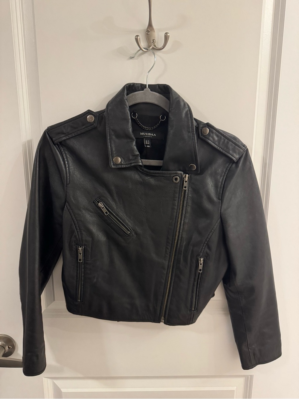 Muubaa Black Asymmetric Leather Biker Jacket